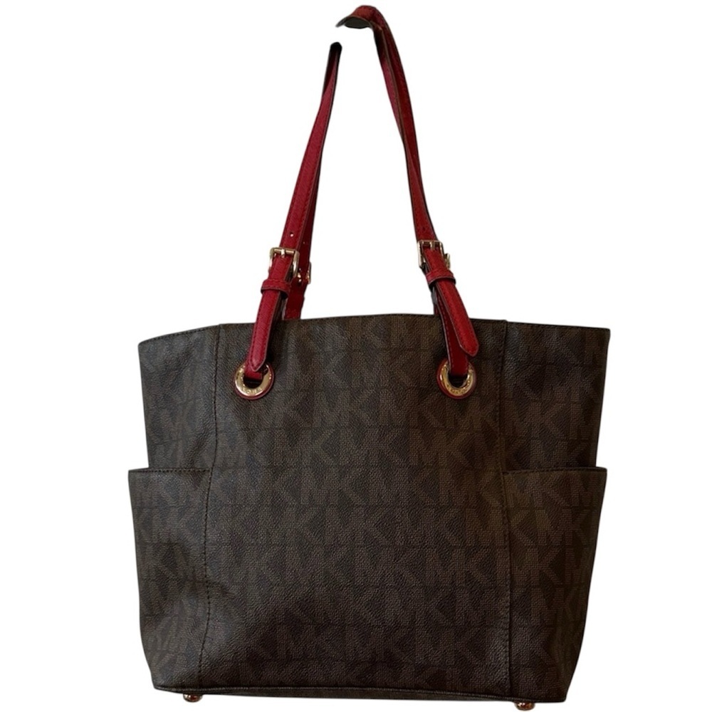 Michael Kors Stylish Brown Tote Bag Red Accents MK designer handbag purse